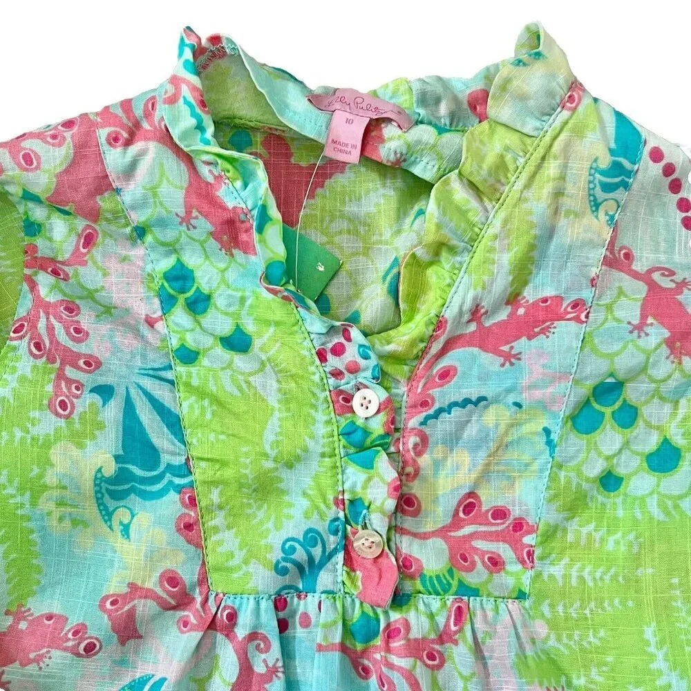 Lilly Pulitzer Girl’s Brynn Tunic Top Size 10 Surf Blue Checking In Lizard Print - Picture 2 of 11